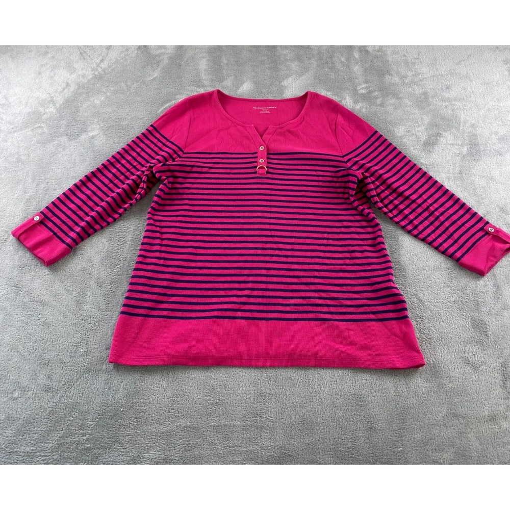 Allison Daley Petite Pink Navy Blue Striped Henley Ribbed 3/4 Sleeve Top PL
